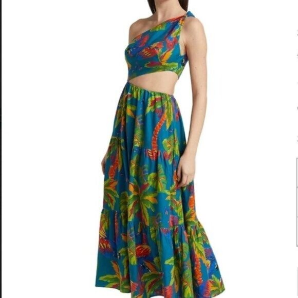 Farm Rio “Sunny Day” One‑Shoulder Maxi Dress – Tropical Cut‑Out Tiered Size M - Picture 3 of 16